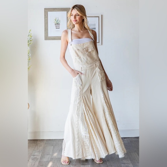 OLI & HALI MULTI LACE PATCHWORK WIDE LEG OVERALLS in cream - Picture 5 of 8